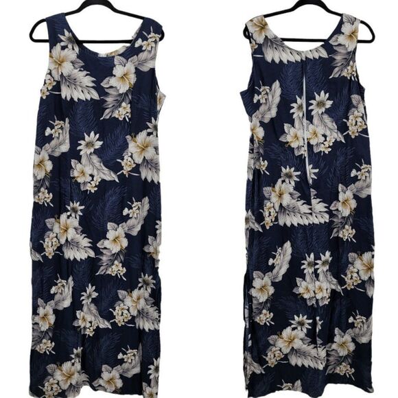 Vtg 80's Dress Tropical Hawaiian Sleeveless Maxi Side Slit Navy Sz 2XL - Picture 1 of 9